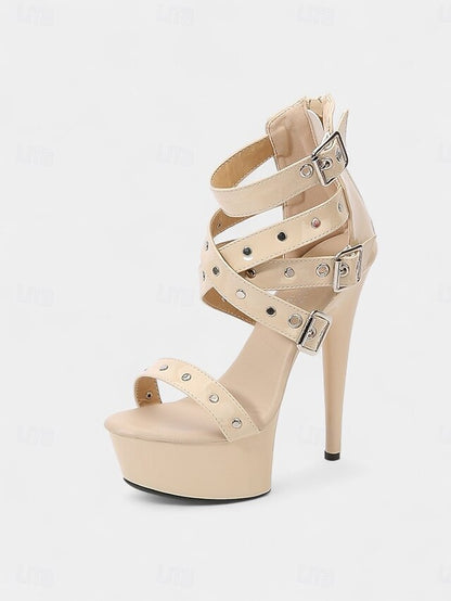 Women's High Platform Buckled White and Straps Heels with