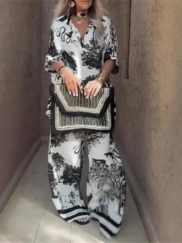 Women's Blouse Pants Sets Bolero Top Short Sleeve V Neck