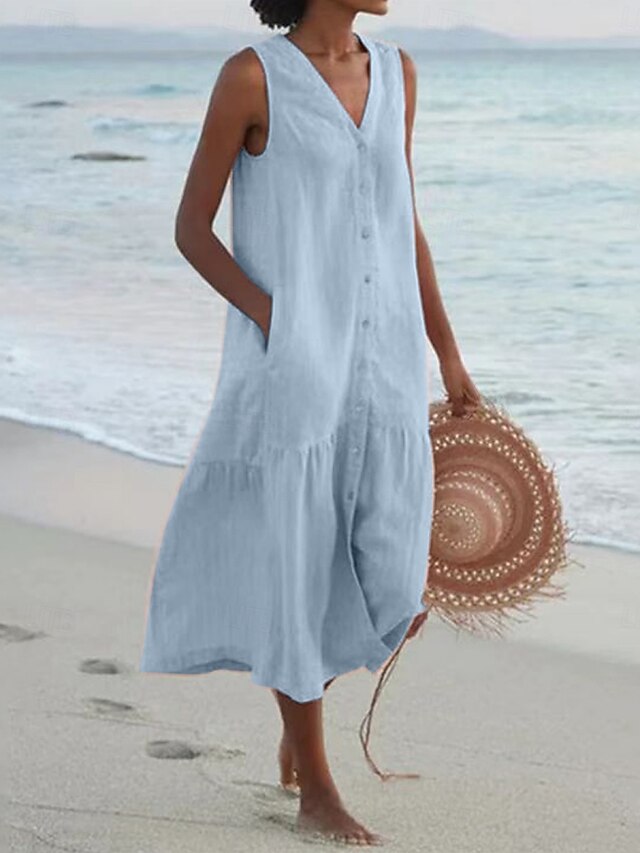 Women's linen like Midi Dress Shift Dress Summer Dress