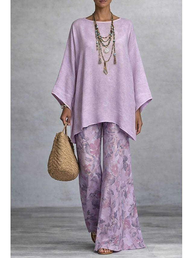 Women's Pants Sets Long Sleeve Round Neck Floral Graphic