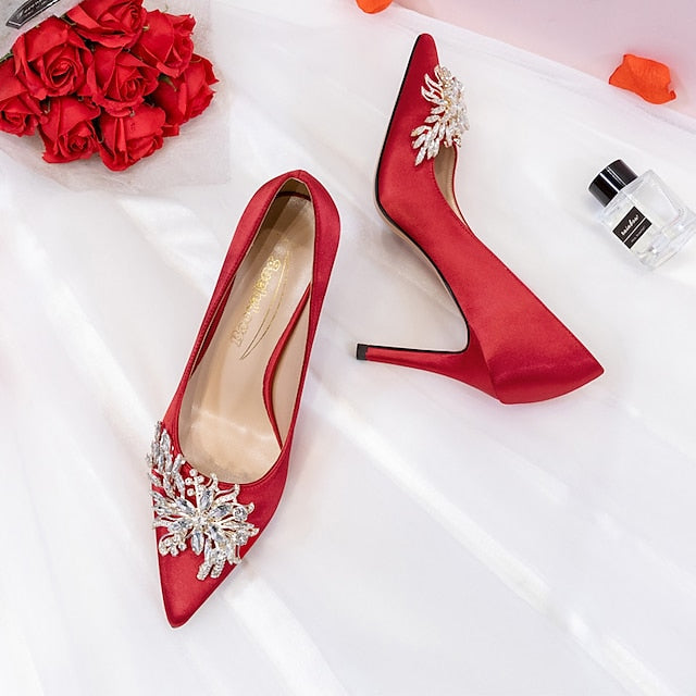 Satin Elegant Heels High – Rhinestone Pink Women's