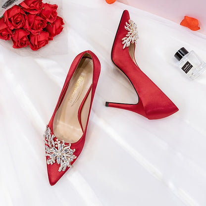 Satin Elegant Heels High – Rhinestone Pink Women's