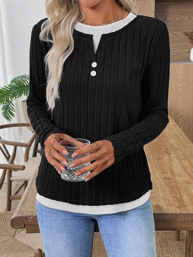 Women's Blouse Patchwork Buttons Solid Color Stylish Casual