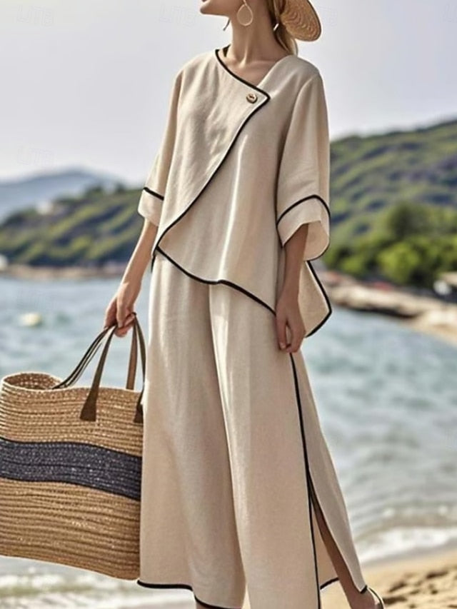 Women's Pants Sets 3/4 Length Sleeve Round Neck Solid Color