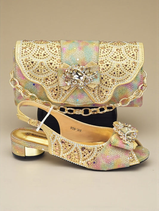 Women's Rhinestone and Gold Heels Matching Slingback Clutch