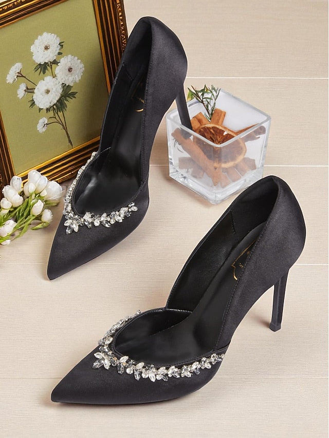 Crystal Toe Embellishment with Pointed Satin Women's Heels