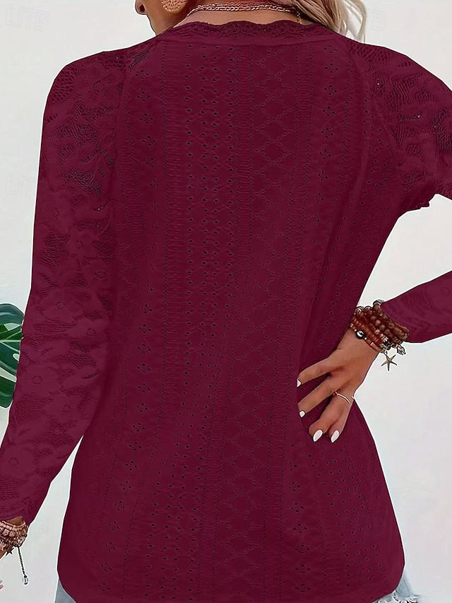 Women's Pointelle Shirt Eyelet Top Lace Splicing Top Blouse