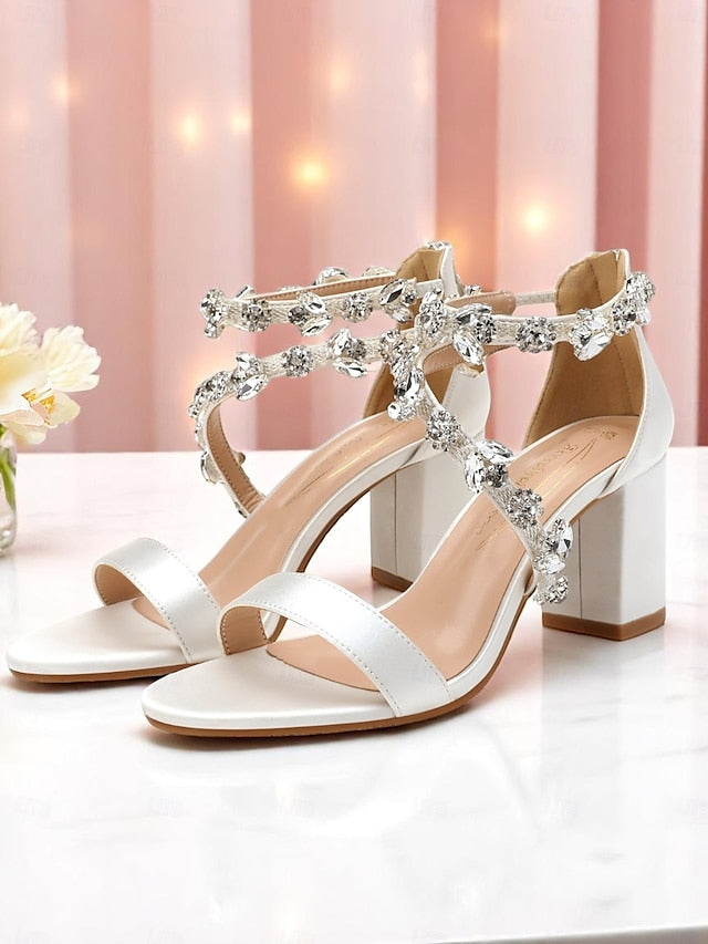 Crystal with Heel Straps Block Satin Pink Sandals Women's