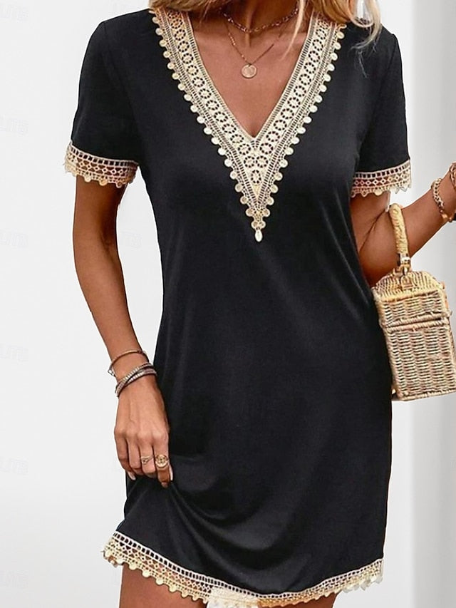 Women's Casual Dress V-neck Short Sleeve Crochet Lace Trim