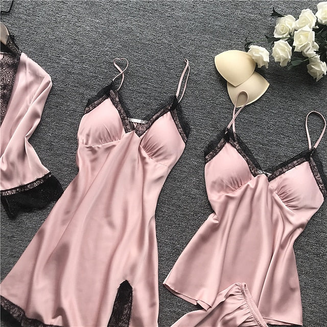 Women's Lace Satin Silk Pajamas Sets 4 Pcs Home Party Daily
