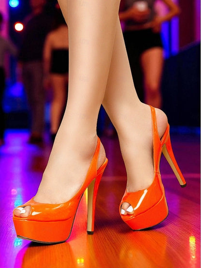 Leather Women's PU Orange Stiletto Platform Patent Heels