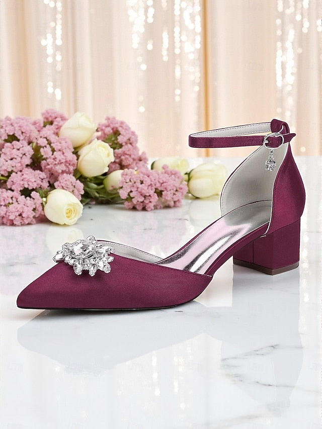 Heel Shoes with Women's Satin Wedding Block Burgundy