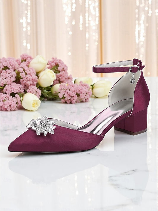 Heel Shoes with Women's Satin Wedding Block Burgundy