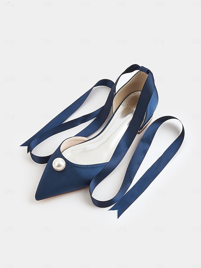 Satin Toe Embellished Pearl - Flats Pointed Women's Navy