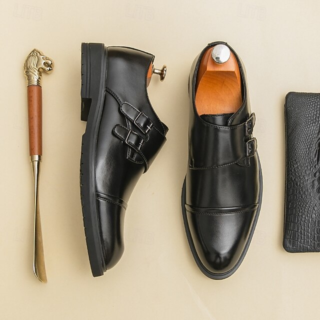 Strap Leather Shoes Double Men's Monk Brown Faux