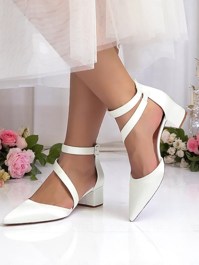 Pointed Toe Satin Champagne Block Heels - Women's
