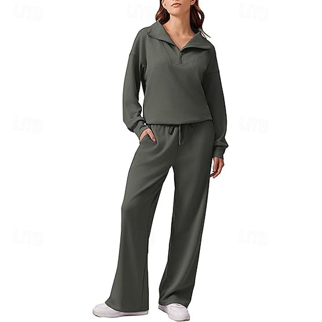 Women's Pants Sets Long Sleeve V Neck Solid Color