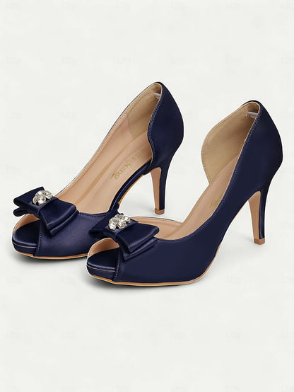 Bow Heels Women's Peep Satin with Champagne and Toe