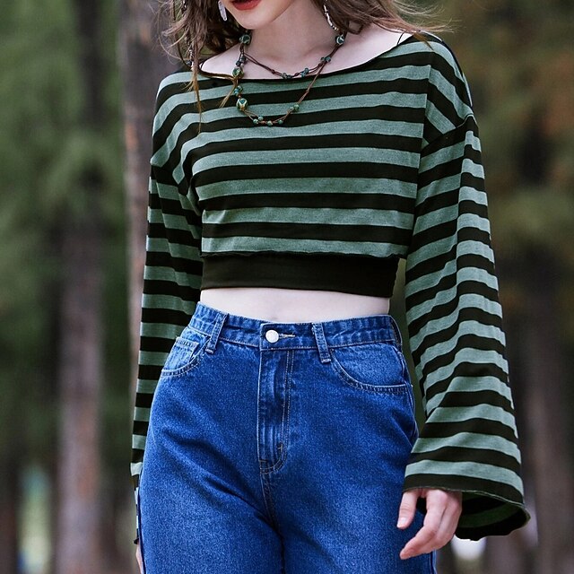 Fancy Goth Neck Punk Gothic Sweatshirt Boat Striped Girl
