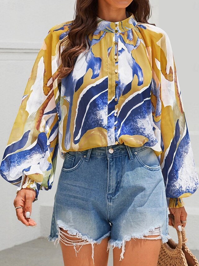 Women's Blouse Buttons Print Graphic Color Block Stylish