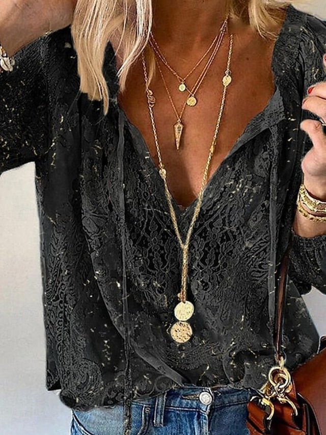 Women's Boho Lace Patchwork V-Neck Blouse Long Sleeve