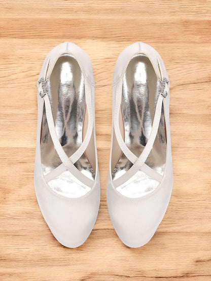 Cross-Strap Buckle Elegant – Satin Rhinestone with Heels White
