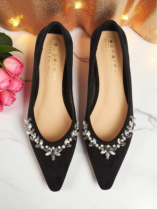 Toe Black Pointed Rhinestone Suede with Flats Women's
