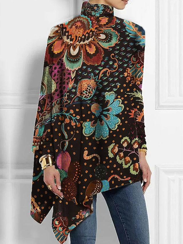 Women's T Shirt Floral Fashion Long Sleeve High Neck Long