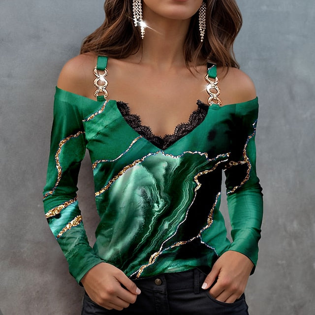 Women's Blouse Long Sleeve  V Neck Fashion Abstract Print