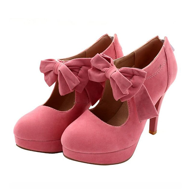 Vintage Heel Pumps Suede Women's High Bow Red Platform –