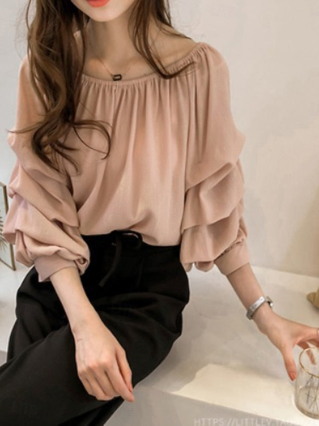 Women's Shirt Blouse Chiffon Tops Ruched Plain Active