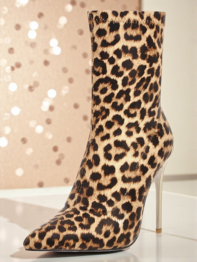 Leopard Boots Stiletto Pointed - Women's Sexy Ankle Print