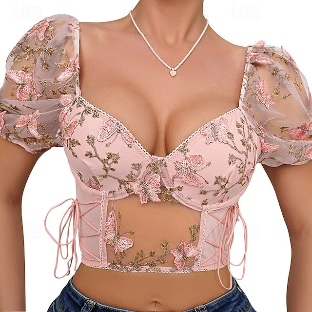 Slim Fit Corset Crop Top Bustier Embroidered Butterfly Fancy