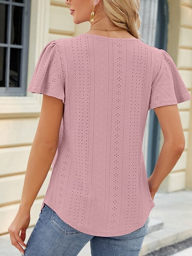 Women's Blouse Eyelet Solid Color Stylish Casual Short