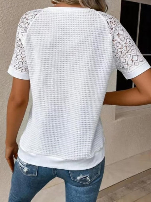 Women's T Shirt Lace T-shirt Tee Top Lace Patchwork Plain