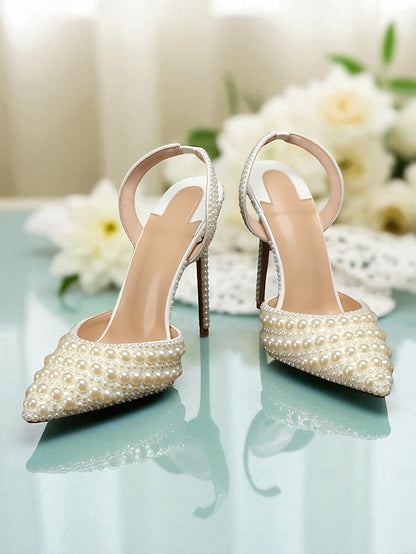 Leather - Heels Slingback Pearl-Embellished Women's White