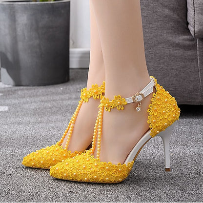 Heel Shoes Women's Wedding High Bridal Lace Pointed