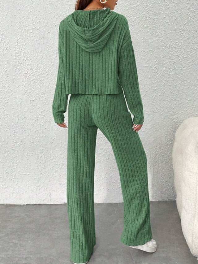 Women's Pants Sets Bolero Top Long Sleeve Hooded Solid