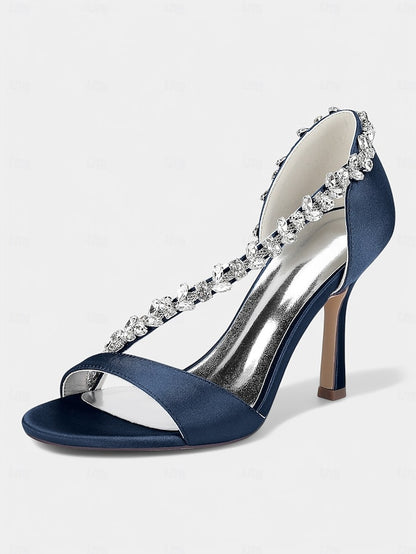 Champagne Crystal Satin High T-Strap Women's Heels with –