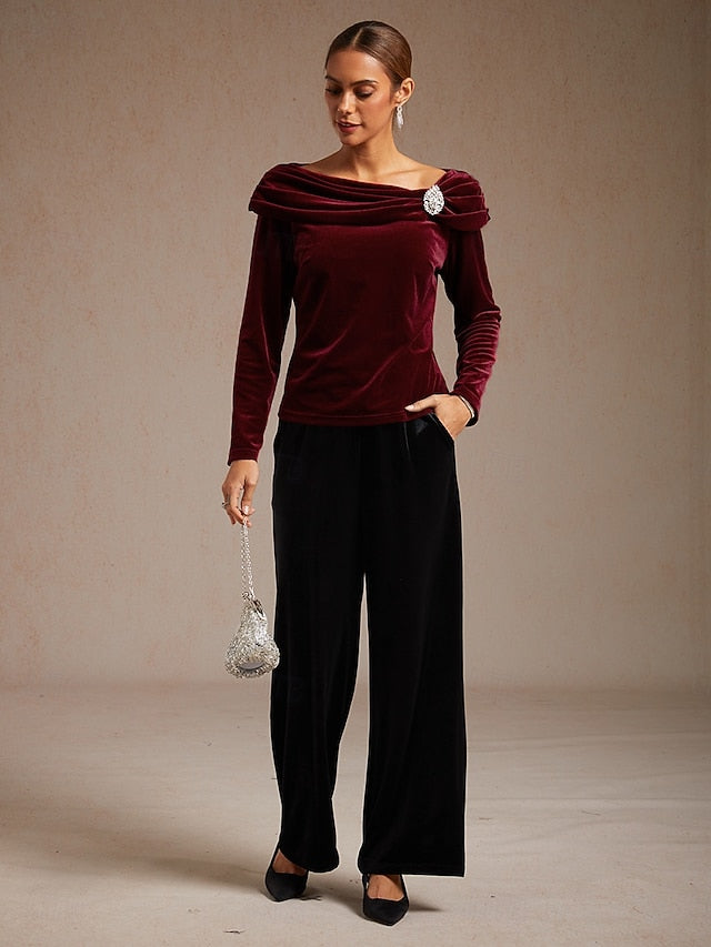 Christmas Women's Dressy Tops Velvet Elegant Long Sleeve
