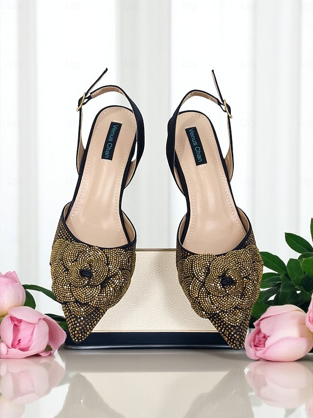 Gold Matching Women's Pumps Rhinestone with Slingback