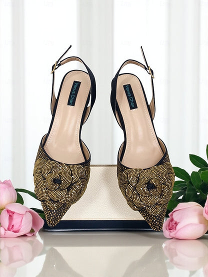 Gold Matching Women's Pumps Rhinestone with Slingback