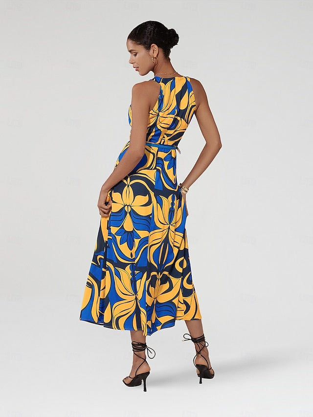 Satin Leaves Sleeveless Maxi Dress (No Belt)
