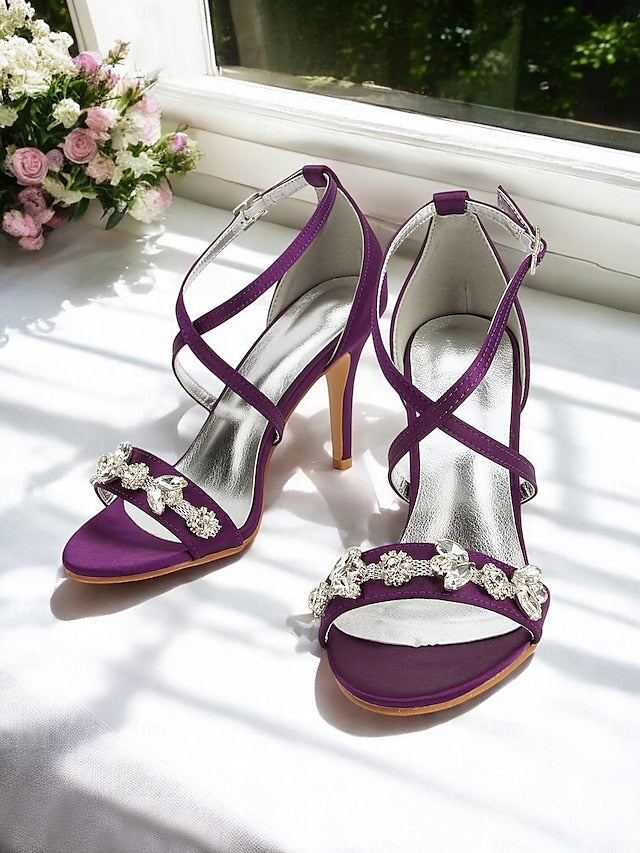 with Women's Stiletto Rhinestone Straps Heels Purple Satin
