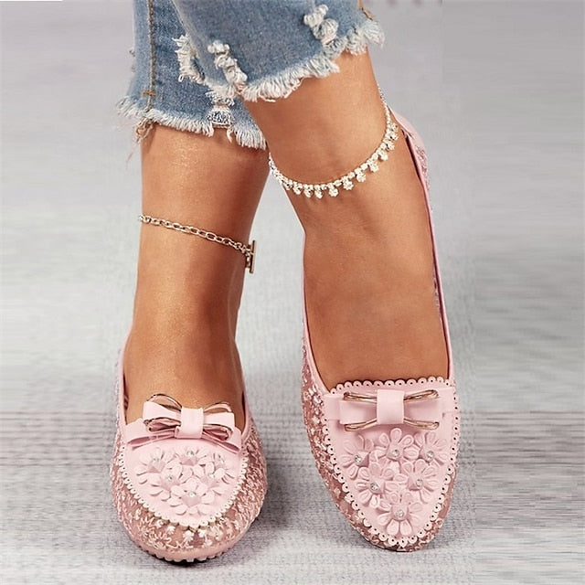 - Flats Bow and Details Pink Floral Lace with Women's