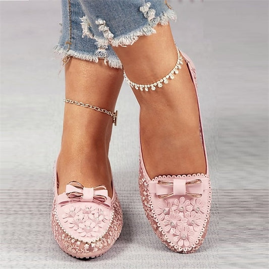 - Flats Bow and Details Pink Floral Lace with Women's
