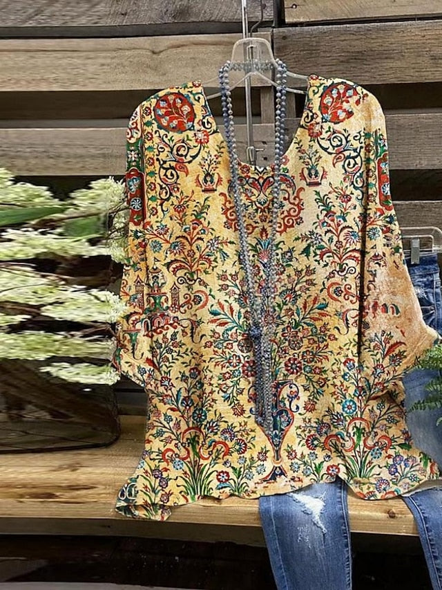 Women's Shirt Print Floral Stylish 3/4 Length Sleeve Crew