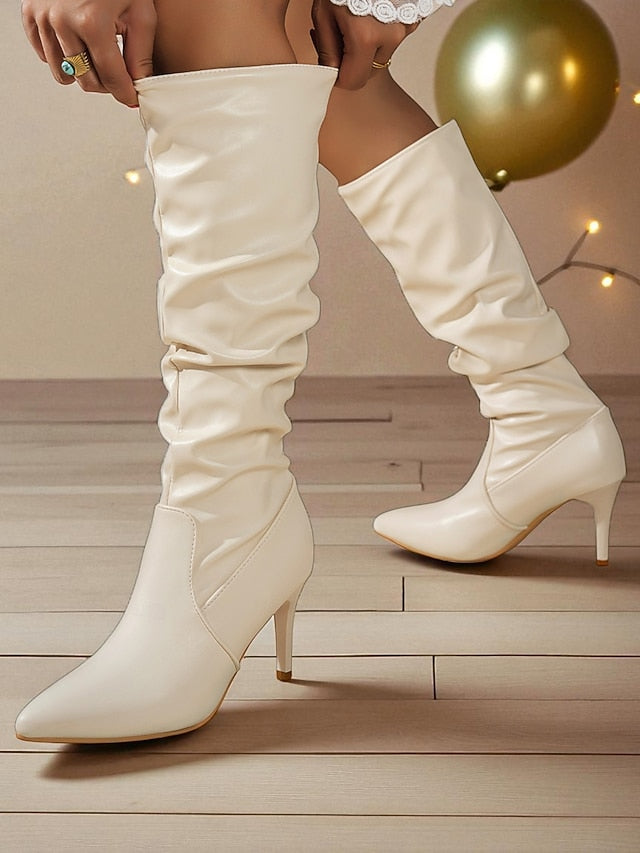 Faux Toe High Brown Boots Knee - Women's Pointed Leather