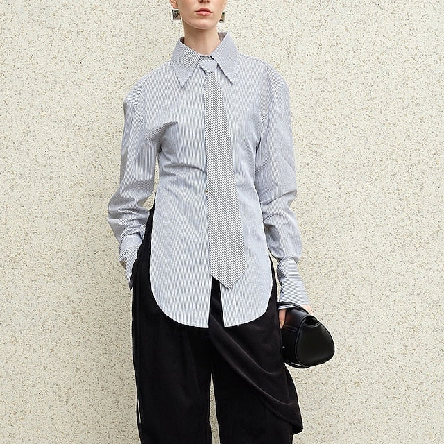 Women's Shirt Blouse Tunic Buttons Striped Elegant Stylish