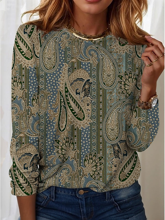 Women's T shirt Crew Neck Long Sleeve Tunic Vintage Modern